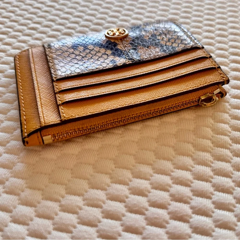 TORY BURCH Mustard Yellow & Snakeskin Card Holder Zipper Wallet